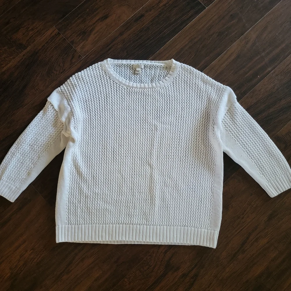 J. Crew 100% Cotton‎ Open Thick Knit Crochet Crew Neck Large Ivory Off-white
